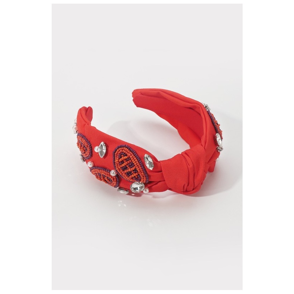 Game Day Football Beaded Top Knot Headband Orange-Purple - Picture 2 of 2